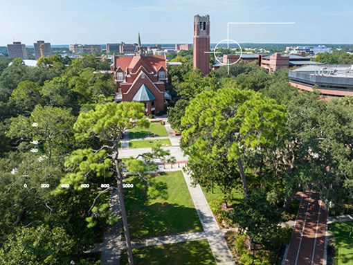 drone photo of century tower and university auditorium on the UF campus