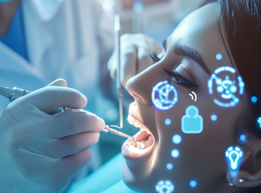 A dentistry patient with a dentist tools being used in mouth