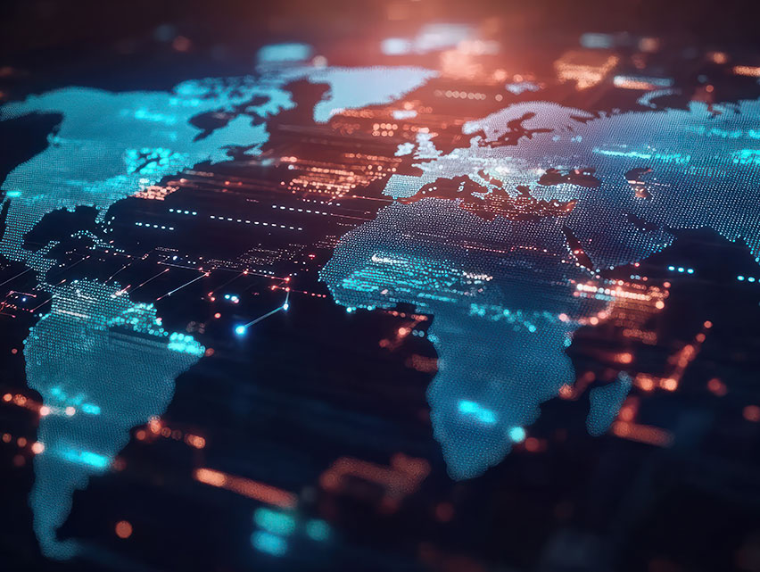 AI is universal, illustrated in this image showing map of the world with circuit patterns connecting countries