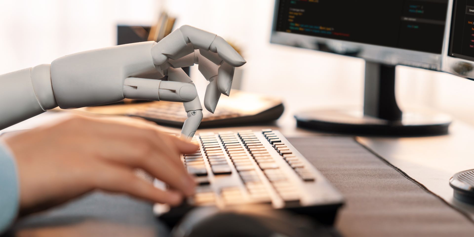 Close up of a human and robot hands typing on a computer keyboard.