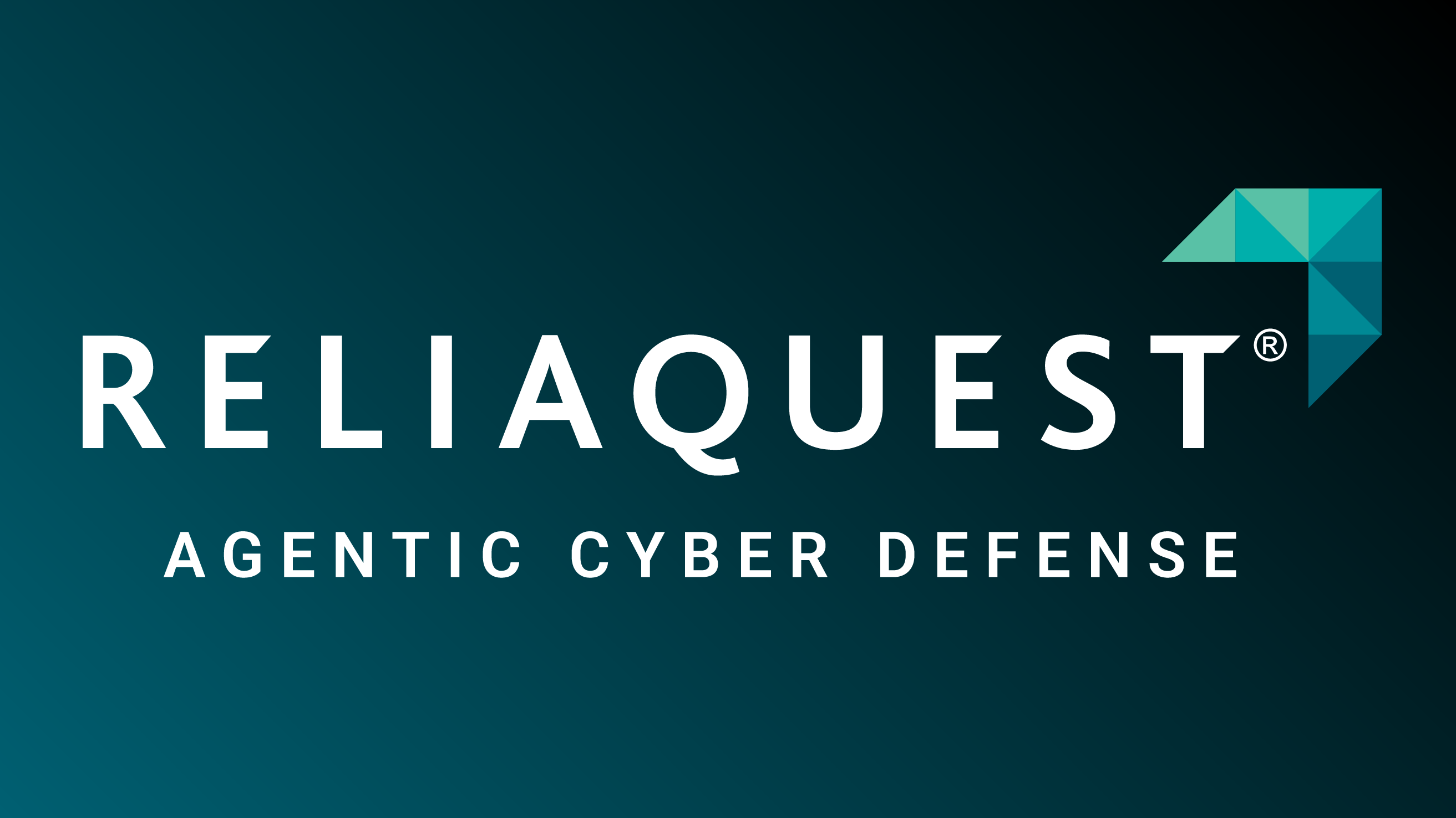 RELIAQUEST blue green prism arrow over the upper right side of the T pointing in the same direction. Agentic Cyber Defense