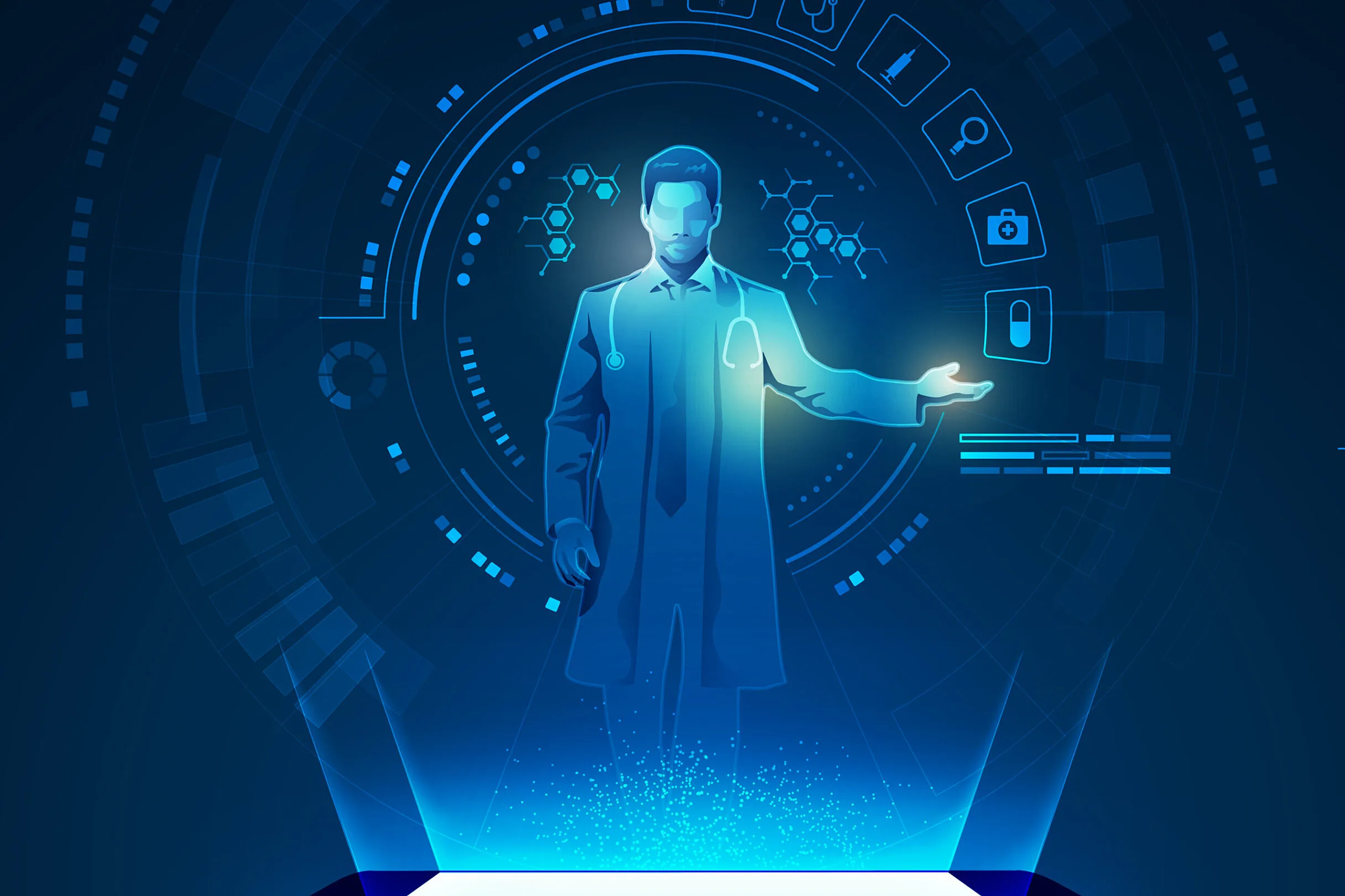 Graphic of a holographic doctor for telemedicine