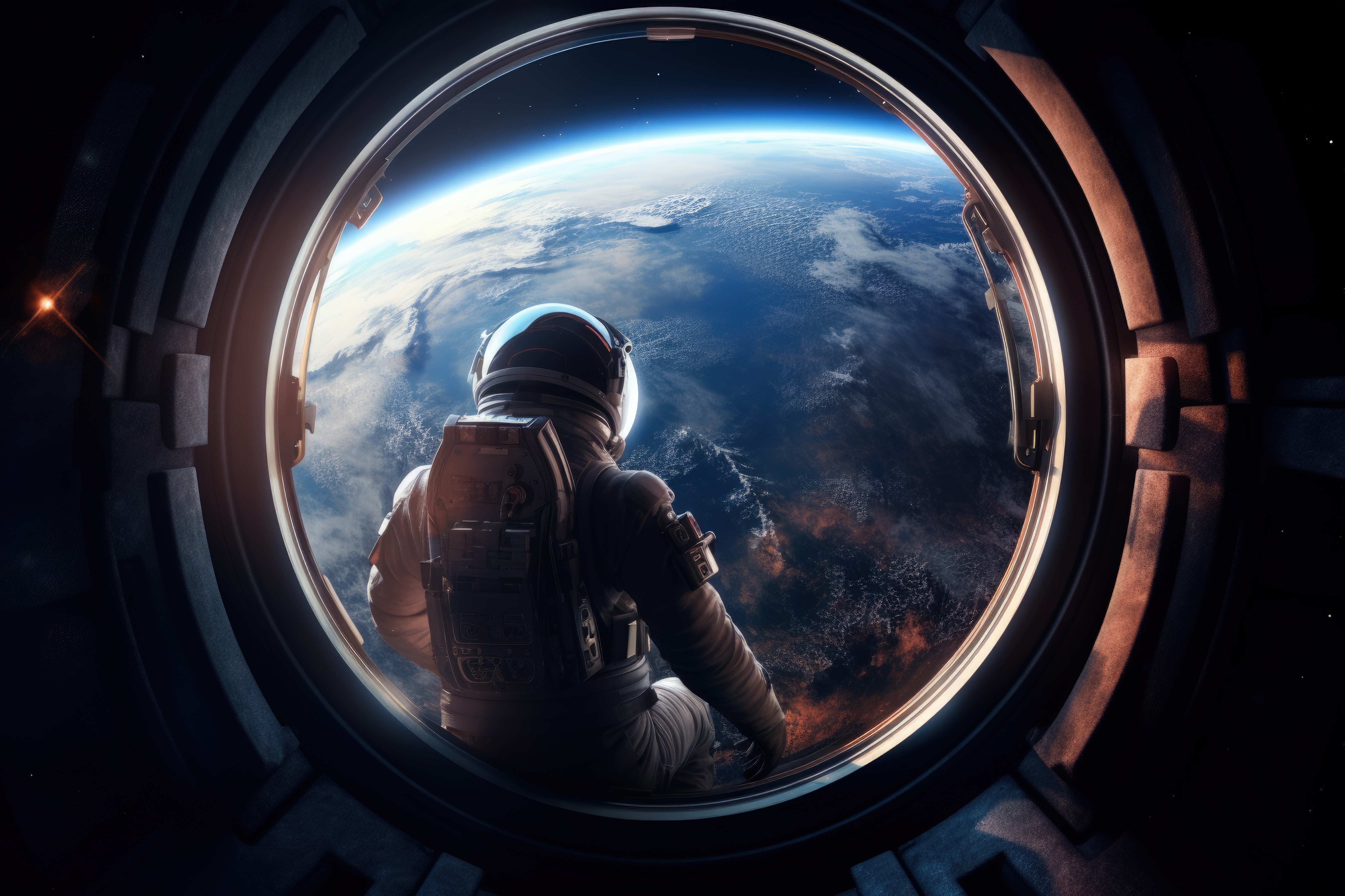 Astronaut sitting in window in space