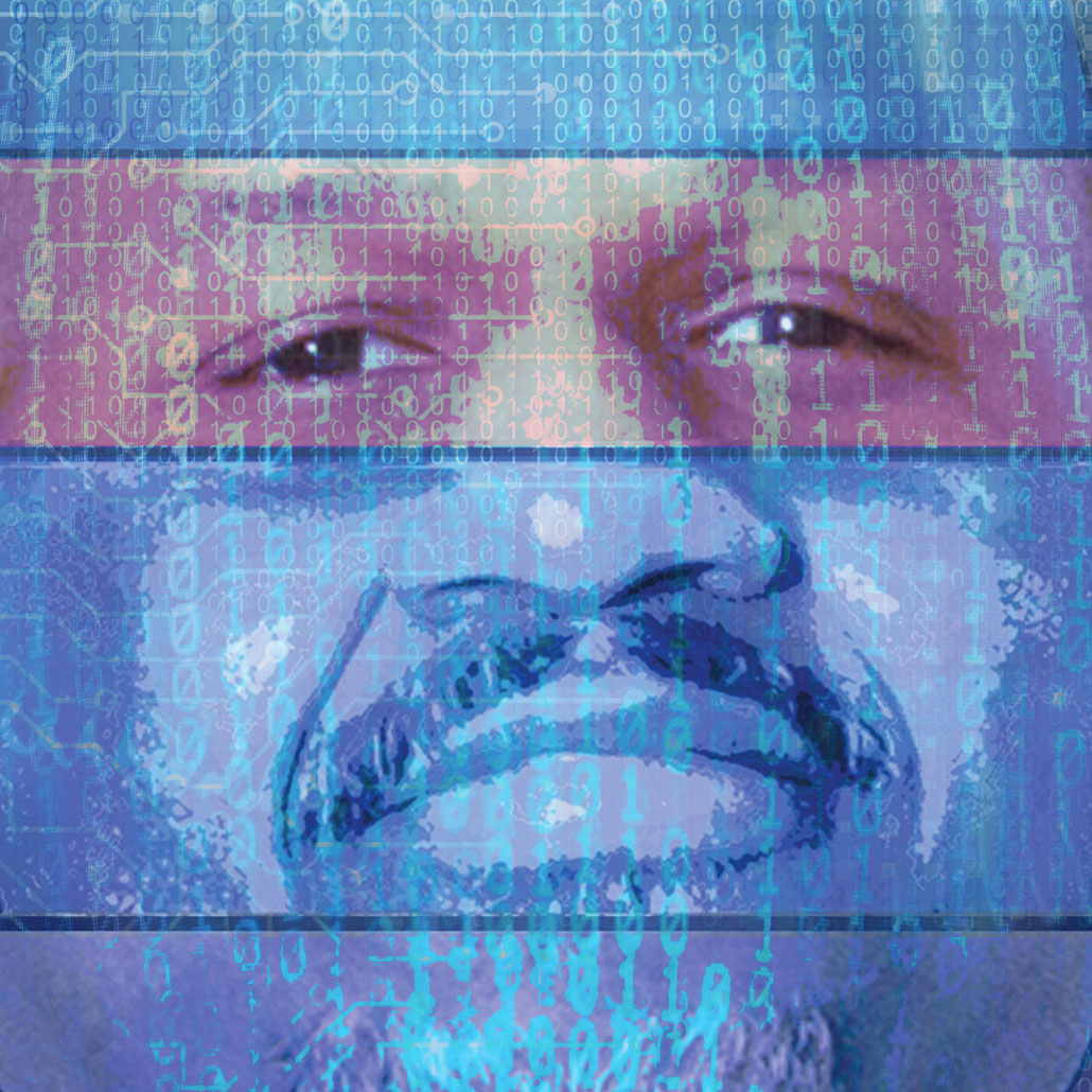 Image of man behind a blue overlay with numbers